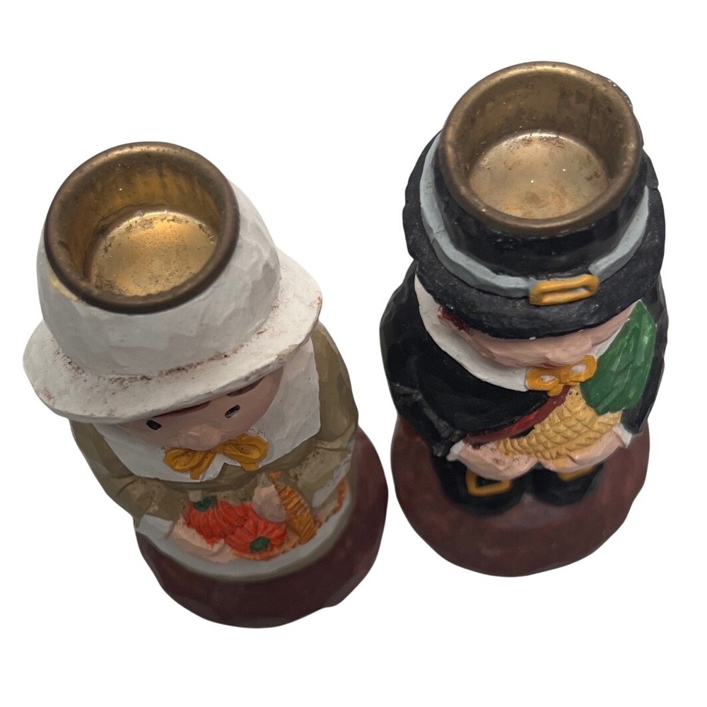 Vintage Teleflora Thanksgiving Pilgrim Figurines Candle Holder Set Resin 2pc - Picture 2 of 12